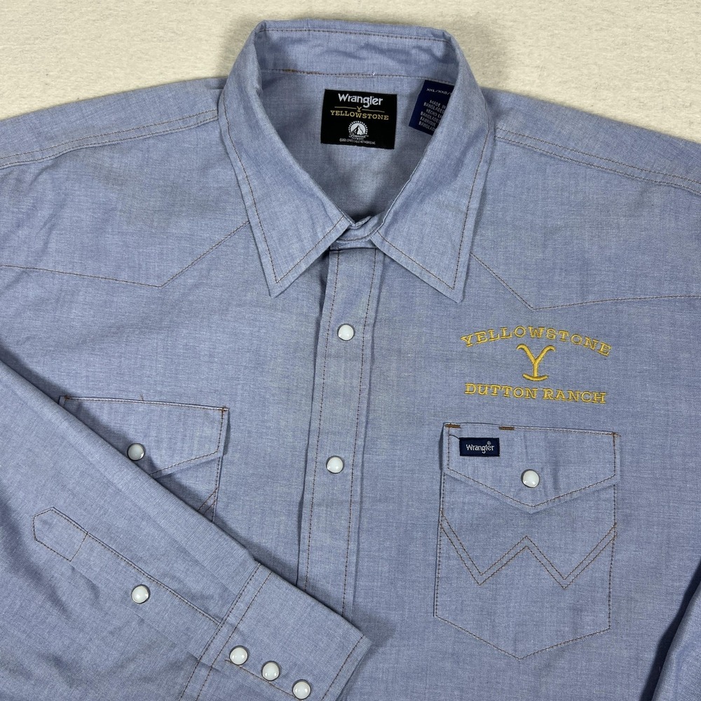Wrangler Yellowstone Dutton Ranch Pearl Snap Shirt‎ Mens XXL Blue Long Sleeve